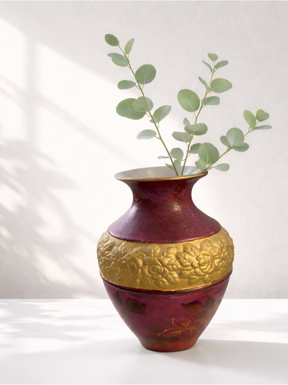 Vintage  J. Byerlee Signed 2002  Pottery Vase - Burgundy and Gold Rose Embossed